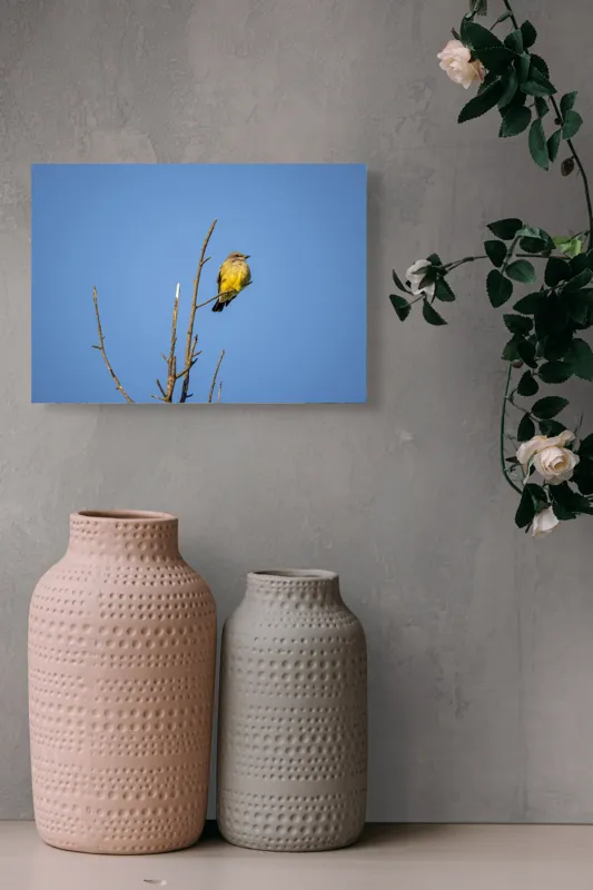 Tablou Canvas, "Pasărea solitară pe cerul senin", Pasăre, Ramură, Cer, Albastru, Zbor, Natură, Liniște, Frumusețe., 54 x 39 cm – poza 8