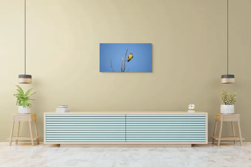 Tablou Canvas, "Pasărea solitară pe cerul senin", Pasăre, Ramură, Cer, Albastru, Zbor, Natură, Liniște, Frumusețe., 90 x 50 cm – poza 5