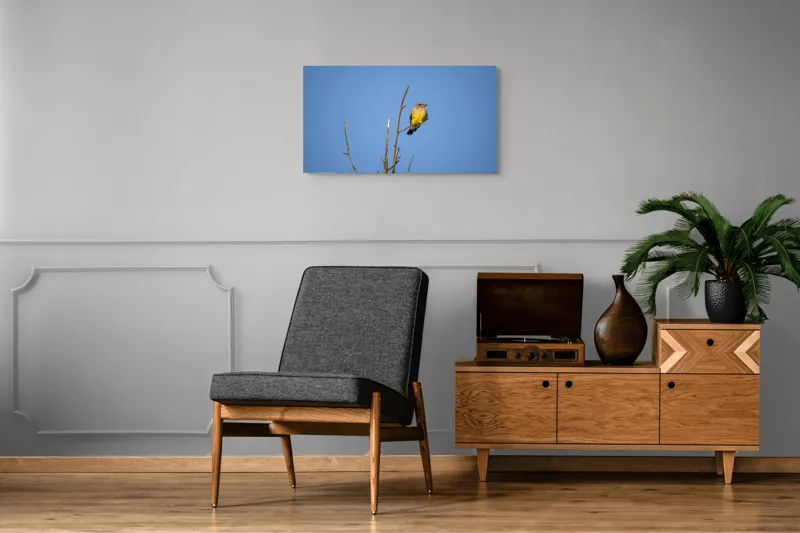Tablou Canvas, "Pasărea solitară pe cerul senin", Pasăre, Ramură, Cer, Albastru, Zbor, Natură, Liniște, Frumusețe., 90 x 50 cm – poza 6