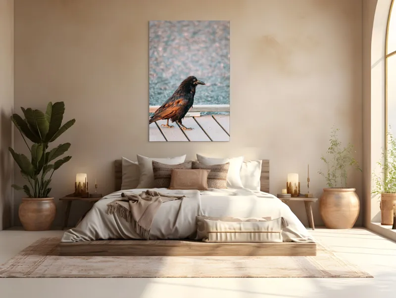 Tablou Canvas, "Corbul solitar pe pontonul de lemn", Corb, Platformă, Apus, Penaj, Observare, 100 x 150 cm – poza 3
