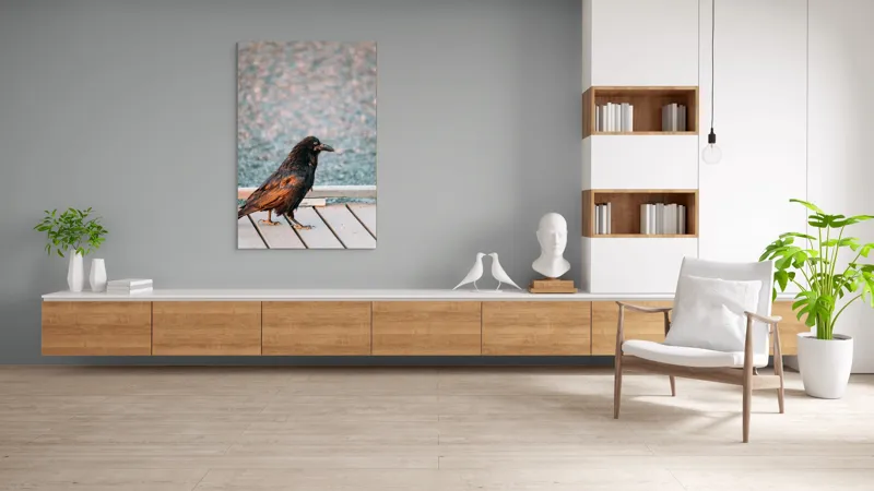 Tablou Canvas, "Corbul solitar pe pontonul de lemn", Corb, Platformă, Apus, Penaj, Observare, 100 x 150 cm – poza 8