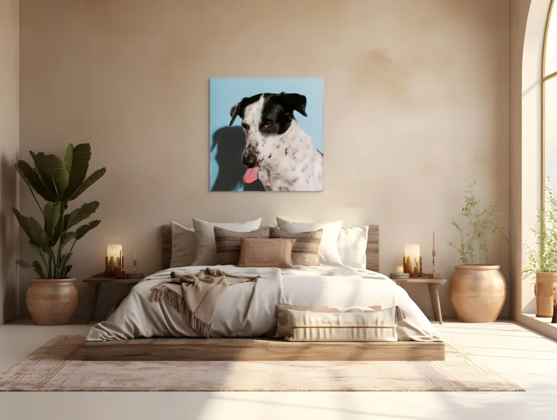 Tablou Canvas, "Câine amuzant cu fundal albastru", Câine, Limbă, Fundal Albastru, Umbră, Blană Albă, Pete Negre, Urechi Îndoite, Nas Negru, Privire Curioasă, 100 x 100 cm – poza 4