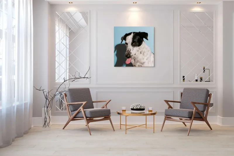 Tablou Canvas, "Câine amuzant cu fundal albastru", Câine, Limbă, Fundal Albastru, Umbră, Blană Albă, Pete Negre, Urechi Îndoite, Nas Negru, Privire Curioasă, 100 x 100 cm – poza 7