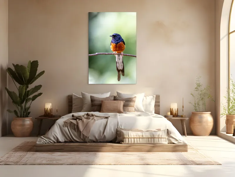 Tablou Canvas, "Visele unui cântăreț colorat", Pasăre, Creangă, Penaj, Colorat, Natură, Verde, Aripi, Coadă, Pene, Foioase, Observație, Frunze., 100 x 150 cm – poza 3