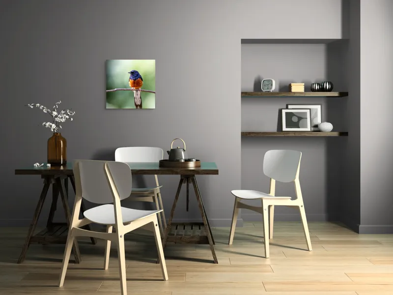 Tablou Canvas, "Visele unui cântăreț colorat", Pasăre, Creangă, Penaj, Colorat, Natură, Verde, Aripi, Coadă, Pene, Foioase, Observație, Frunze., 50 x 50 cm – poza 8