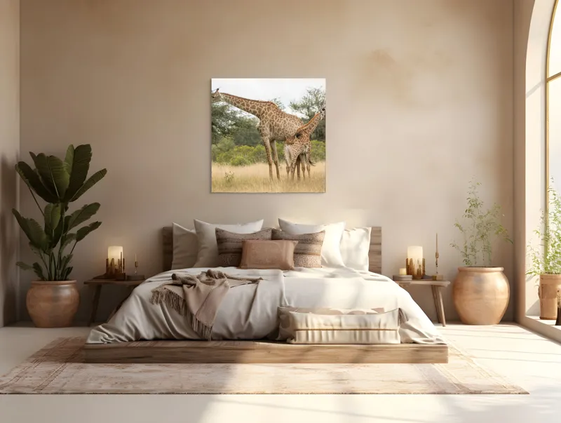 Tablou Canvas, "Girafe pe câmpie africană liniștită", Giraffe, Copaci, Savana, Mamifere, Natura, Cer, Vegetatie, Diverse., 100 x 100 cm – poza 4