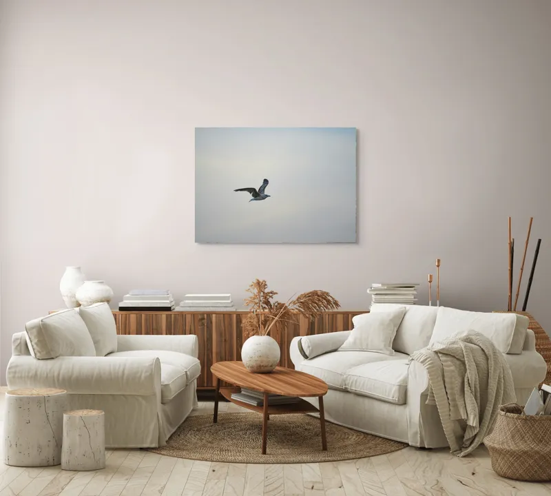 Tablou Canvas, "Pescăruș solitar în zbor lin", Zbor, Libertate, Cer, Pescăruș, Liniște, Vânt, Lumină, Infinit, Natură, Frumusețe, 100 x 70 cm – poza 3