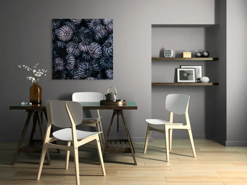 Tablou Canvas, "Misterul mării în scoici întunecate", Arici-De-Mare, Textură, Scoici, Albastre, Ocean, Detalii, Natură, Complexitate, Organic, Misterios, 100 x 100 cm – poza 6
