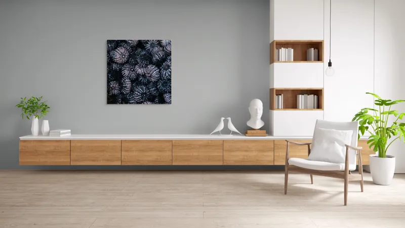 Tablou Canvas, "Misterul mării în scoici întunecate", Arici-De-Mare, Textură, Scoici, Albastre, Ocean, Detalii, Natură, Complexitate, Organic, Misterios, 100 x 100 cm – poza 8
