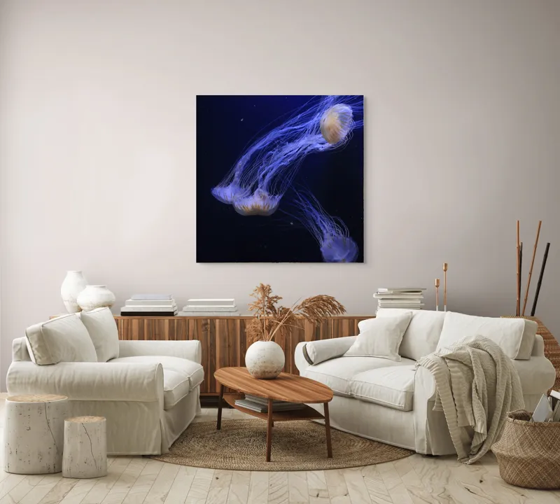 Tablou Canvas, "Dansul grațios al meduzelor fosforescente", Mister, Eleganță, Grație, Lumină, Fluiditate, Dans, Ocean, Delicat, Fascinație, Plutire, 100 x 100 cm – poza 3