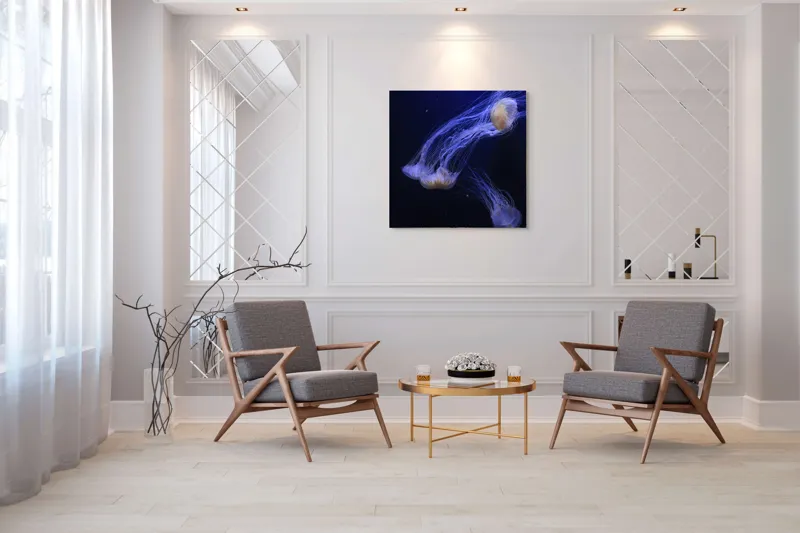 Tablou Canvas, "Dansul grațios al meduzelor fosforescente", Mister, Eleganță, Grație, Lumină, Fluiditate, Dans, Ocean, Delicat, Fascinație, Plutire, 100 x 100 cm – poza 7