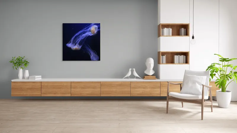 Tablou Canvas, "Dansul grațios al meduzelor fosforescente", Mister, Eleganță, Grație, Lumină, Fluiditate, Dans, Ocean, Delicat, Fascinație, Plutire, 100 x 100 cm – poza 8