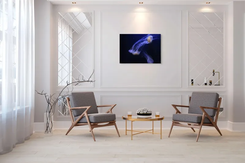 Tablou Canvas, "Dansul grațios al meduzelor fosforescente", Mister, Eleganță, Grație, Lumină, Fluiditate, Dans, Ocean, Delicat, Fascinație, Plutire, 100 x 70 cm – poza 5
