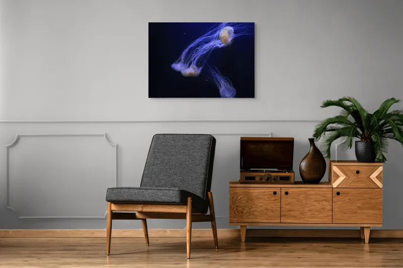 Tablou Canvas, "Dansul grațios al meduzelor fosforescente", Mister, Eleganță, Grație, Lumină, Fluiditate, Dans, Ocean, Delicat, Fascinație, Plutire, 100 x 70 cm – poza 8