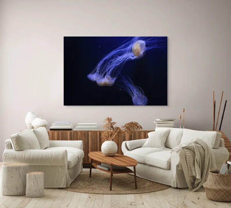 Tablou Canvas, "Dansul grațios al meduzelor fosforescente", Mister, Eleganță, Grație, Lumină, Fluiditate, Dans, Ocean, Delicat, Fascinație, Plutire, 150 x 100 cm – poza 3