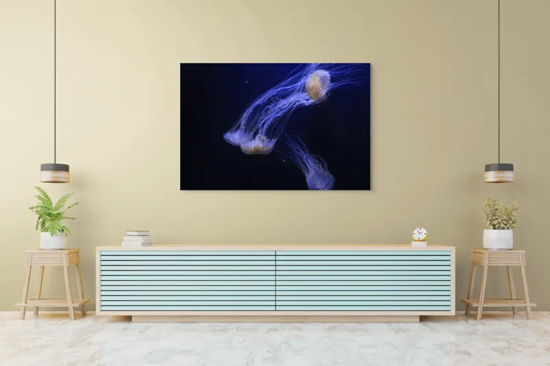 Tablou Canvas, "Dansul grațios al meduzelor fosforescente", Mister, Eleganță, Grație, Lumină, Fluiditate, Dans, Ocean, Delicat, Fascinație, Plutire, 150 x 100 cm – poza 6