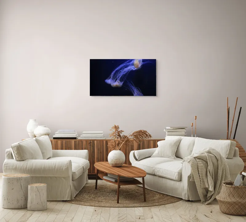 Tablou Canvas, "Dansul grațios al meduzelor fosforescente", Mister, Eleganță, Grație, Lumină, Fluiditate, Dans, Ocean, Delicat, Fascinație, Plutire, 90 x 50 cm – poza 4