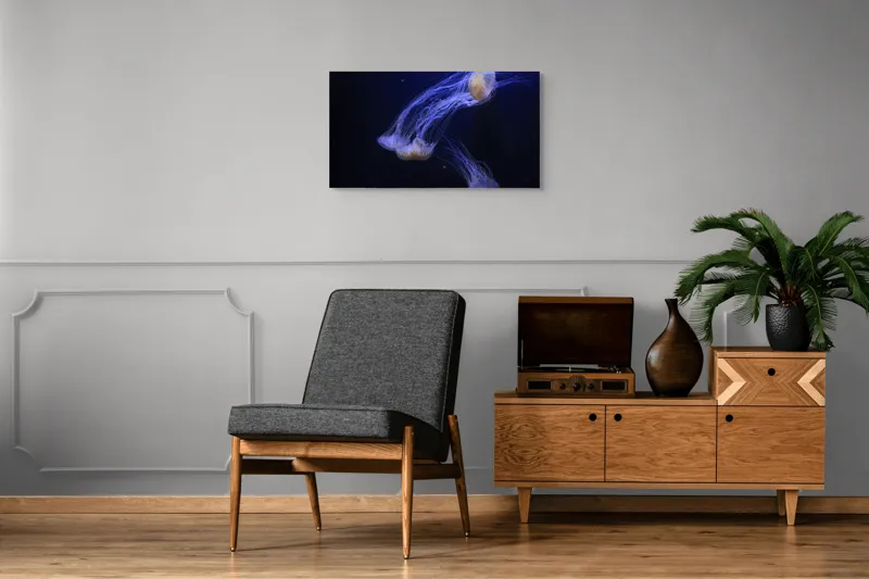 Tablou Canvas, "Dansul grațios al meduzelor fosforescente", Mister, Eleganță, Grație, Lumină, Fluiditate, Dans, Ocean, Delicat, Fascinație, Plutire, 90 x 50 cm – poza 6