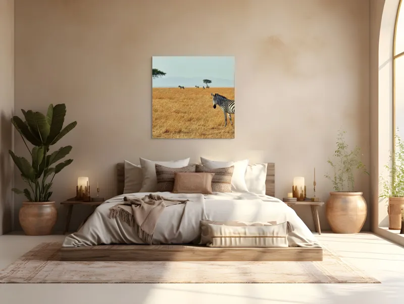 Tablou Canvas, "Zebră în savana africană aurie", Zebră, Savana, Copac, Iarbă, Cer, Distanță, Căldură, Natură, Sălbăticie, 100 x 100 cm – poza 4