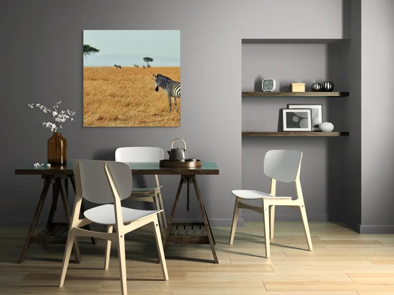 Tablou Canvas, "Zebră în savana africană aurie", Zebră, Savana, Copac, Iarbă, Cer, Distanță, Căldură, Natură, Sălbăticie, 100 x 100 cm – poza 6