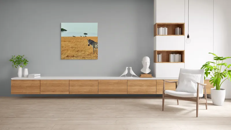 Tablou Canvas, "Zebră în savana africană aurie", Zebră, Savana, Copac, Iarbă, Cer, Distanță, Căldură, Natură, Sălbăticie, 100 x 100 cm – poza 8