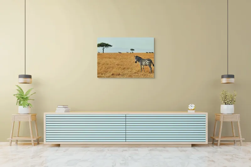 Tablou Canvas, "Zebră în savana africană aurie", Zebră, Savana, Copac, Iarbă, Cer, Distanță, Căldură, Natură, Sălbăticie, 100 x 70 cm – poza 4