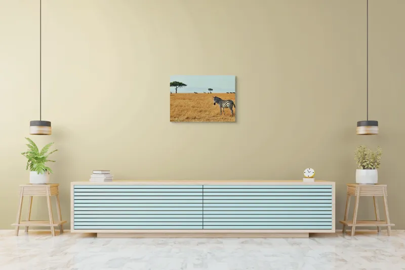 Tablou Canvas, "Zebră în savana africană aurie", Zebră, Savana, Copac, Iarbă, Cer, Distanță, Căldură, Natură, Sălbăticie, 70 x 50 cm – poza 7
