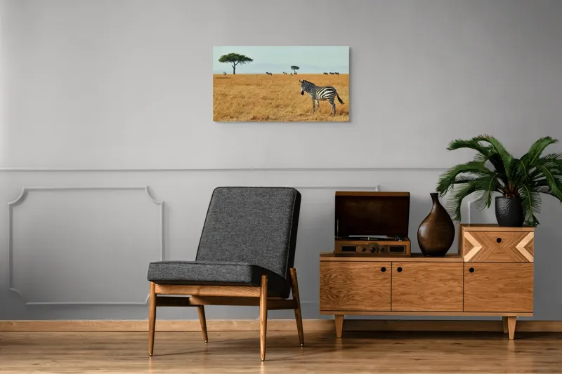 Tablou Canvas, "Zebră în savana africană aurie", Zebră, Savana, Copac, Iarbă, Cer, Distanță, Căldură, Natură, Sălbăticie, 90 x 50 cm – poza 6