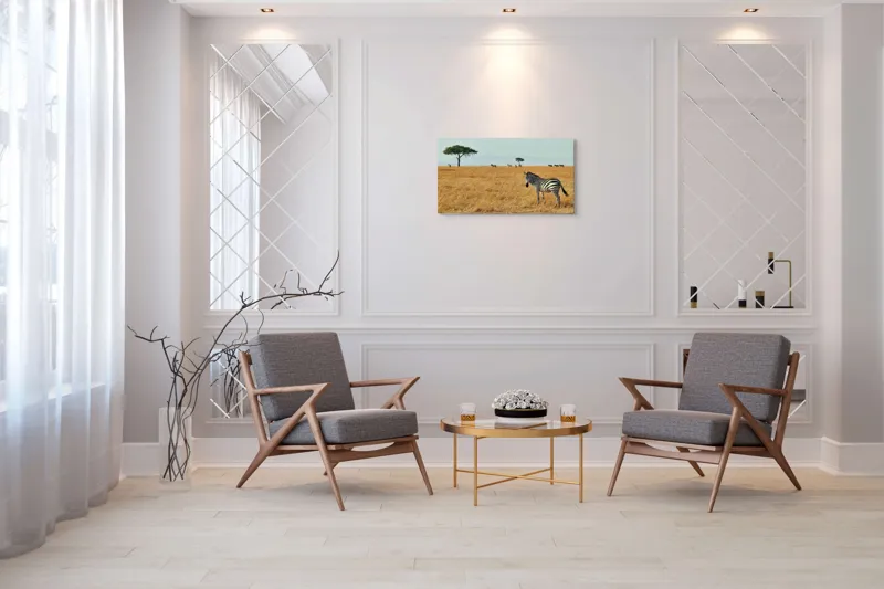 Tablou Canvas, "Zebră în savana africană aurie", Zebră, Savana, Copac, Iarbă, Cer, Distanță, Căldură, Natură, Sălbăticie, 90 x 50 cm – poza 7