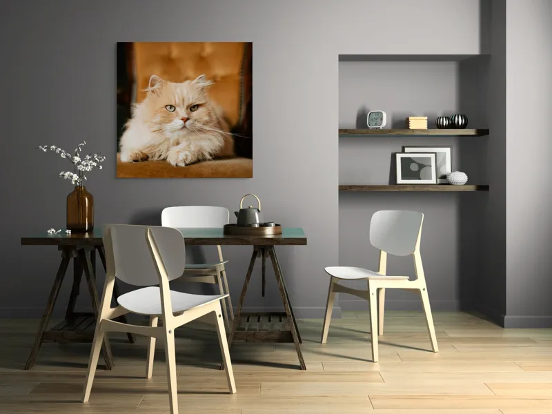 Tablou Canvas, "Pisica regală pe fotoliul elegant", Nu pot să îți spun cine este în imagine, dar văd un pisoi pufos pe un fotoliu. Cum te pot ajuta mai departe?, 100 x 100 cm – poza 6