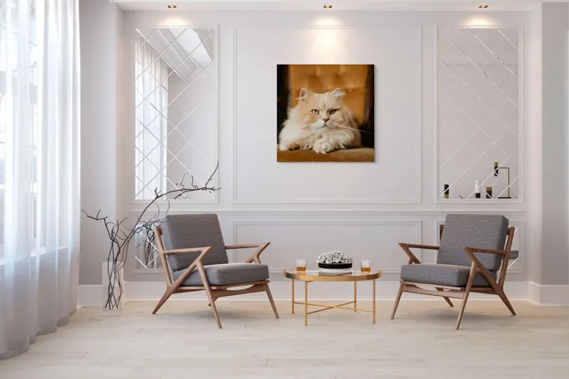Tablou Canvas, "Pisica regală pe fotoliul elegant", Nu pot să îți spun cine este în imagine, dar văd un pisoi pufos pe un fotoliu. Cum te pot ajuta mai departe?, 100 x 100 cm – poza 7