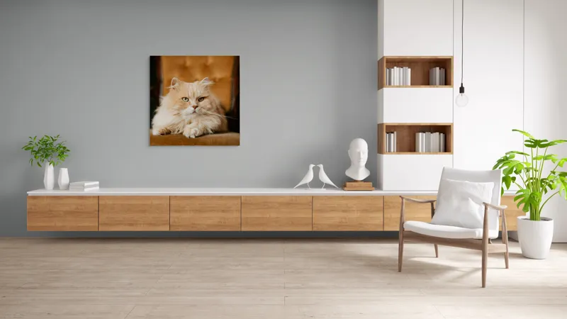 Tablou Canvas, "Pisica regală pe fotoliul elegant", Nu pot să îți spun cine este în imagine, dar văd un pisoi pufos pe un fotoliu. Cum te pot ajuta mai departe?, 100 x 100 cm – poza 8