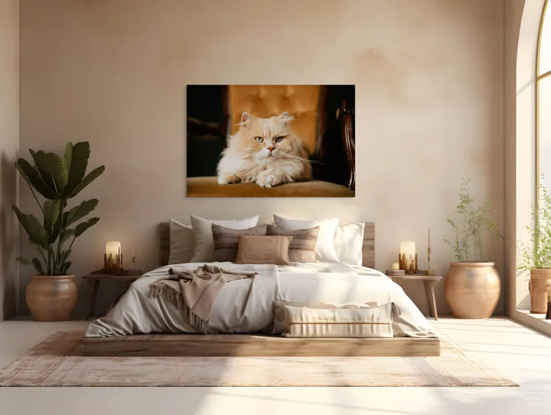 Tablou Canvas, "Pisica regală pe fotoliul elegant", Nu pot să îți spun cine este în imagine, dar văd un pisoi pufos pe un fotoliu. Cum te pot ajuta mai departe?, 150 x 100 cm – poza 4