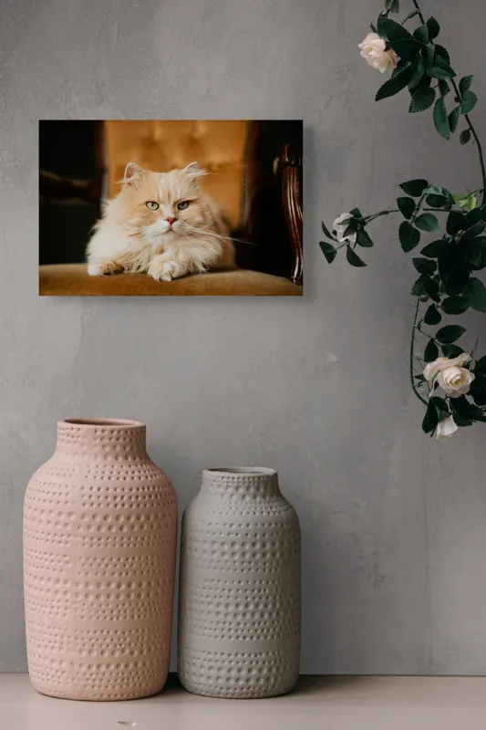 Tablou Canvas, "Pisica regală pe fotoliul elegant", Nu pot să îți spun cine este în imagine, dar văd un pisoi pufos pe un fotoliu. Cum te pot ajuta mai departe?, 39 x 26 cm – poza 4