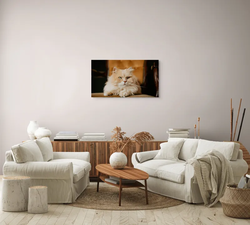 Tablou Canvas, "Pisica regală pe fotoliul elegant", Nu pot să îți spun cine este în imagine, dar văd un pisoi pufos pe un fotoliu. Cum te pot ajuta mai departe?, 90 x 50 cm – poza 4