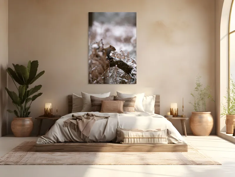Tablou Canvas, "Veverița explorând pădurea înzăpezită", Veveriță, Zapadă, Pădure, Crenguțe, Frunze, Trunchi, Natură, Iarnă, Contrast, Blană, 100 x 150 cm – poza 3