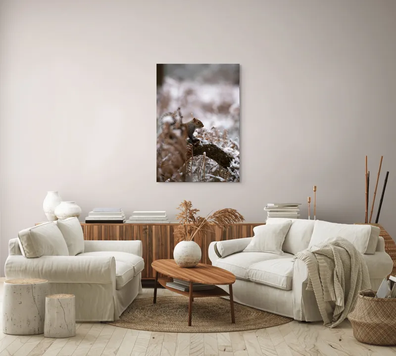 Tablou Canvas, "Veverița explorând pădurea înzăpezită", Veveriță, Zapadă, Pădure, Crenguțe, Frunze, Trunchi, Natură, Iarnă, Contrast, Blană, 70 x 100 cm – poza 4