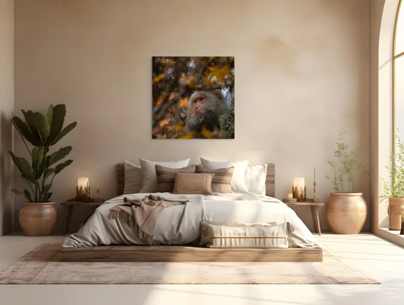 Tablou Canvas, "Toamnă tainică în pădurea de arțari", Nu pot identifica cine este în imagine, dar pot descrie elementele: Frunze, Toamnă, Maimuță, Blană, Natură., 100 x 100 cm – poza 4