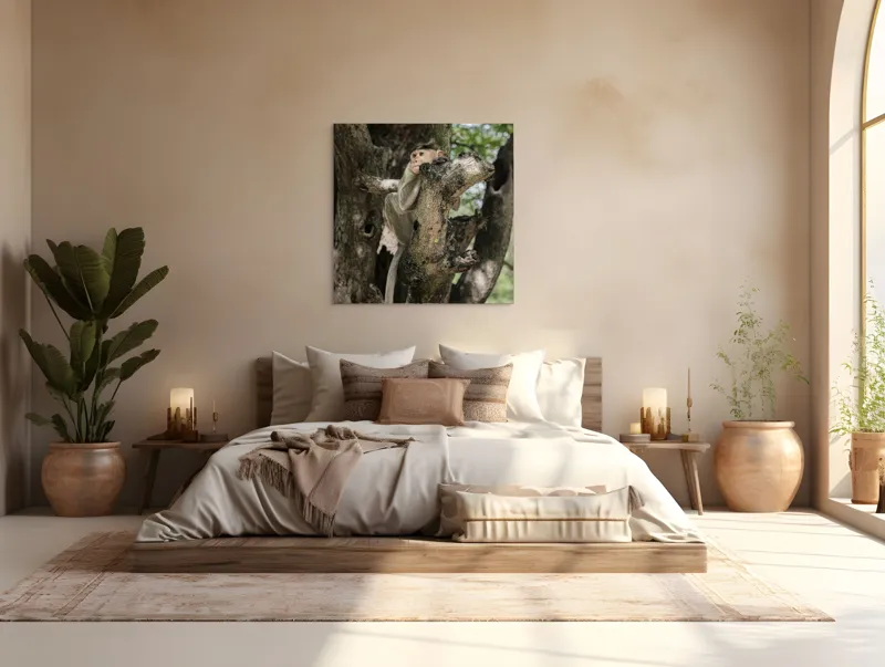 Tablou Canvas, "I don't know.", Maimuță, Copac, Ramificație, Frunze, Observare, Natură, Blană, Atmosferă, Echilibru, 100 x 100 cm – poza 4