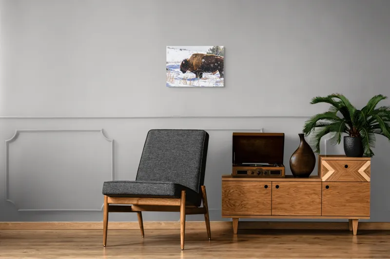 Tablou Canvas, "Bizon în peisaj de iarnă albă", Zăpadă, Bizon, Iarbă, Iarnă, Peisaj, Natura, Frig, Albul, Animal, Serenitate, 54 x 39 cm – poza 7