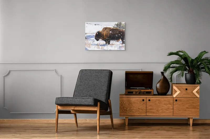 Tablou Canvas, "Bizon în peisaj de iarnă albă", Zăpadă, Bizon, Iarbă, Iarnă, Peisaj, Natura, Frig, Albul, Animal, Serenitate, 70 x 50 cm – poza 4