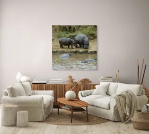Tablou Canvas, "Hipopotami odihnindu-se lângă apă", 100 x 100 cm – poza 3