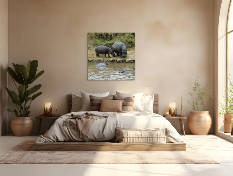 Tablou Canvas, "Hipopotami odihnindu-se lângă apă", 100 x 100 cm – poza 4