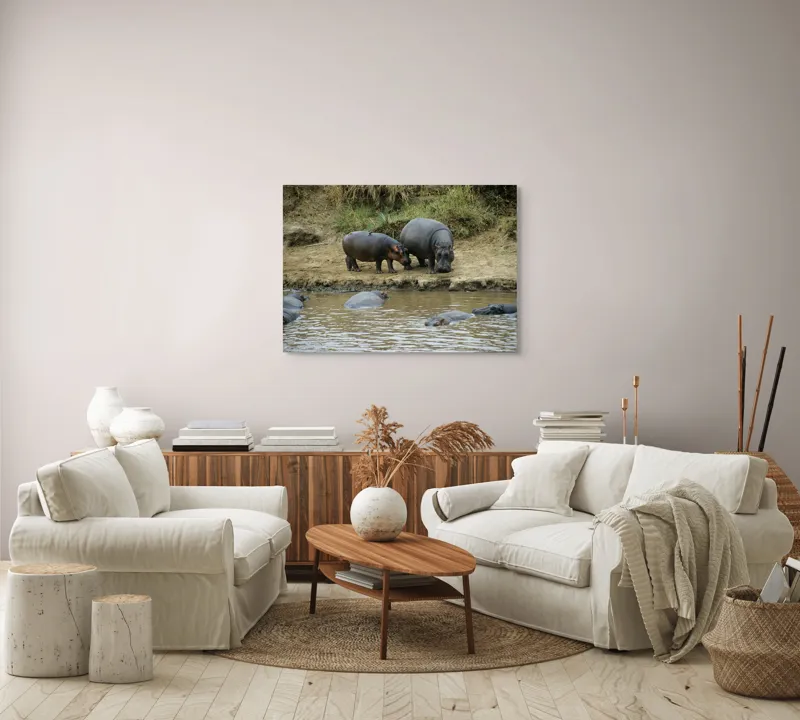 Tablou Canvas, "Hipopotami odihnindu-se lângă apă", 100 x 70 cm – poza 3