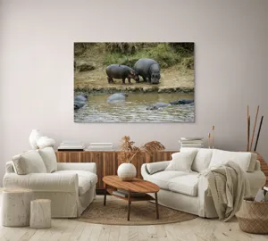 Tablou Canvas, "Hipopotami odihnindu-se lângă apă", 150 x 100 cm – poza 3