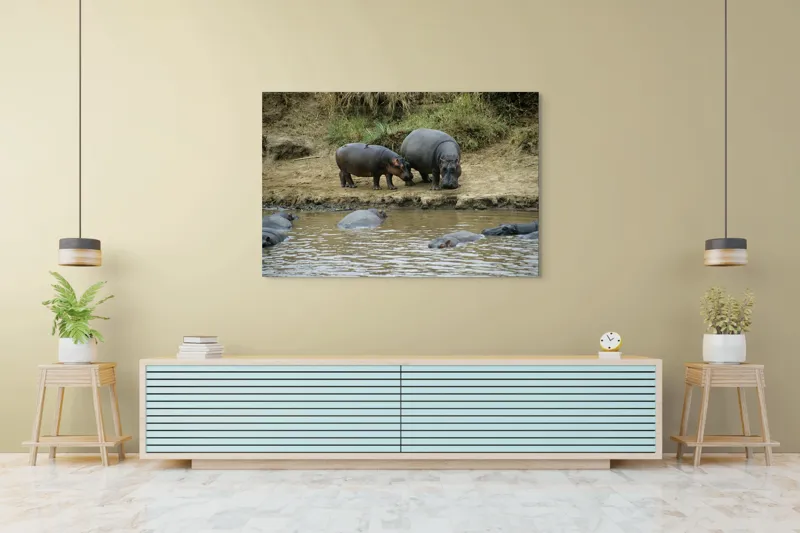 Tablou Canvas, "Hipopotami odihnindu-se lângă apă", 150 x 100 cm – poza 6