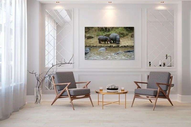 Tablou Canvas, "Hipopotami odihnindu-se lângă apă", 150 x 100 cm – poza 7