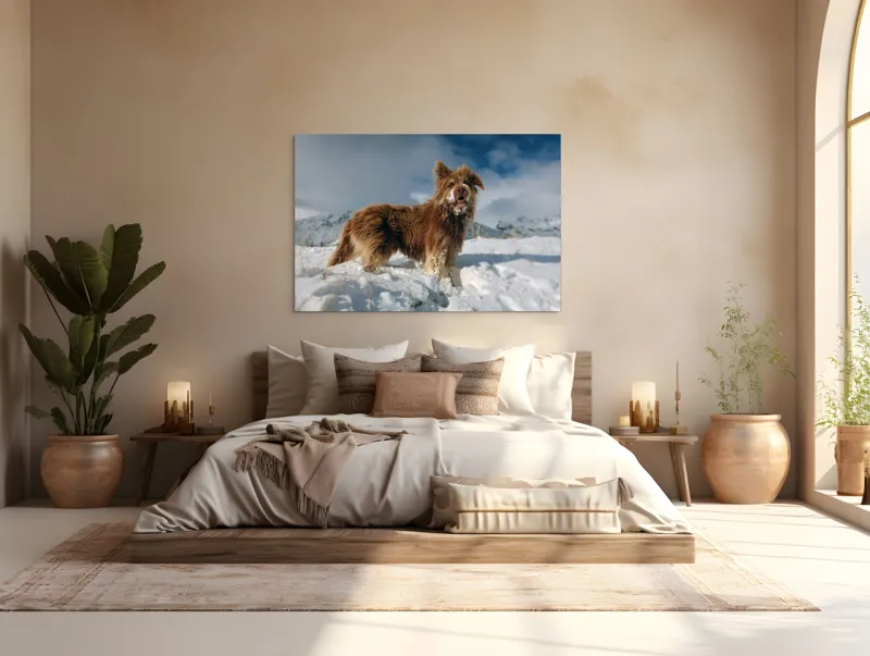 Tablou Canvas, "Câine bucuros în zăpada de munte", Caine, Blana, Zapada, Aventura, Cer, Albastru, Nor, Peisaj, Natura, Fericire, 150 x 100 cm – poza 4
