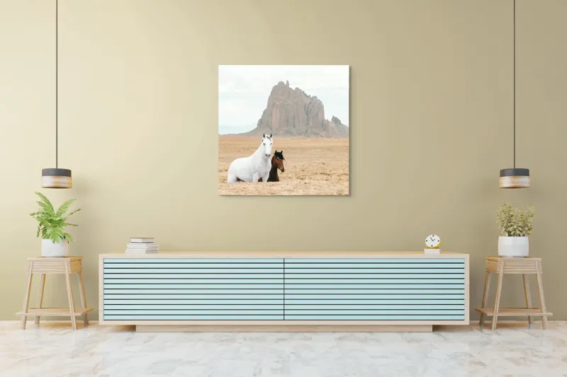 Tablou Canvas, "Cai în deșertul stâncos", Cal, Peisaj, Deșert, Stâncă, Cer, Natură, Serenitate, Contrast, Majestuos, Libertate, 100 x 100 cm – poza 5