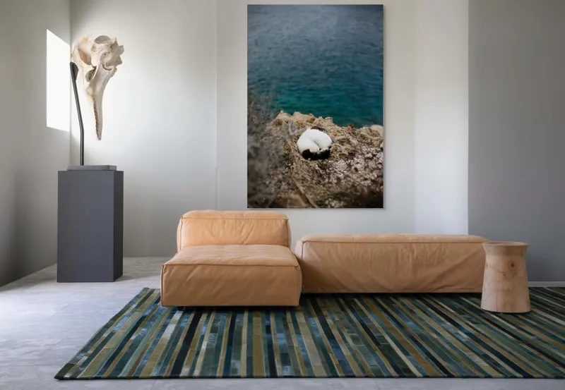 Tablou Canvas, "Pisică dormind pe stâncile mării.", Pisică, Stâncă, Mare, Albastru, Odihnă, Natură, Tranquilitate, 100 x 150 cm – poza 7
